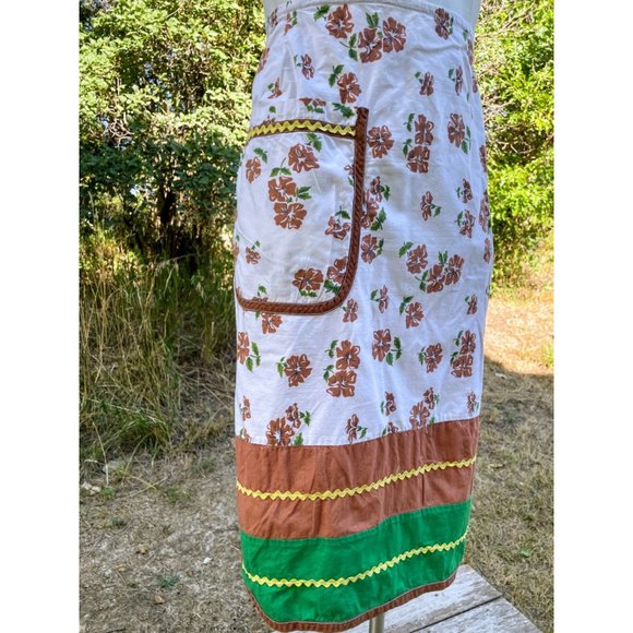 Vintage Brown Green Floral Long Half Apron Ric-rac Farmhouse - Picture 5 of 11